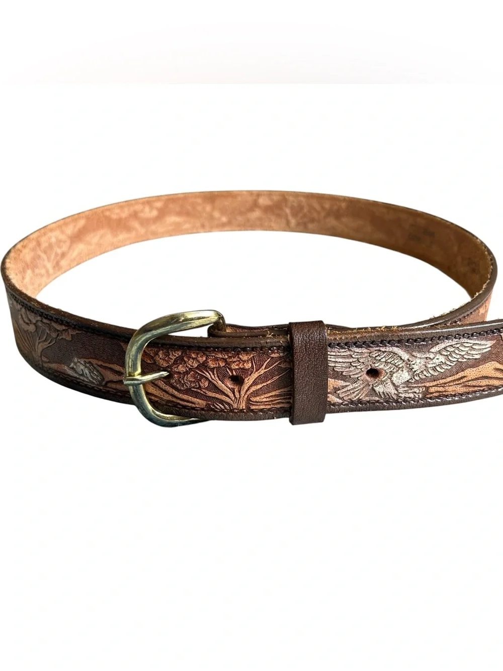 Vintage Tooled Leather Eagle & Floral Belt Brown Americana Cowboy Western Rodeo